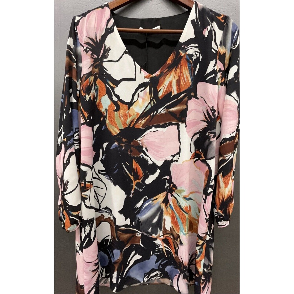 Three Eighty Two Top L Black Multicolor Tunic 3/4 Sleeve Dressy Artsy USA New